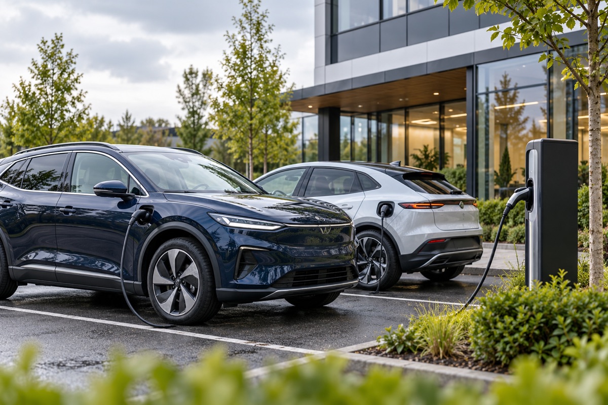 Electric cars charging beside a modern workplace